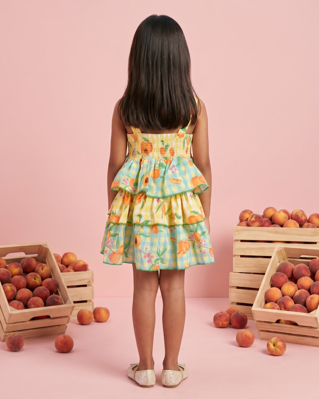 Girls Blue And Yellow Peach Tiered Ruffle Dress