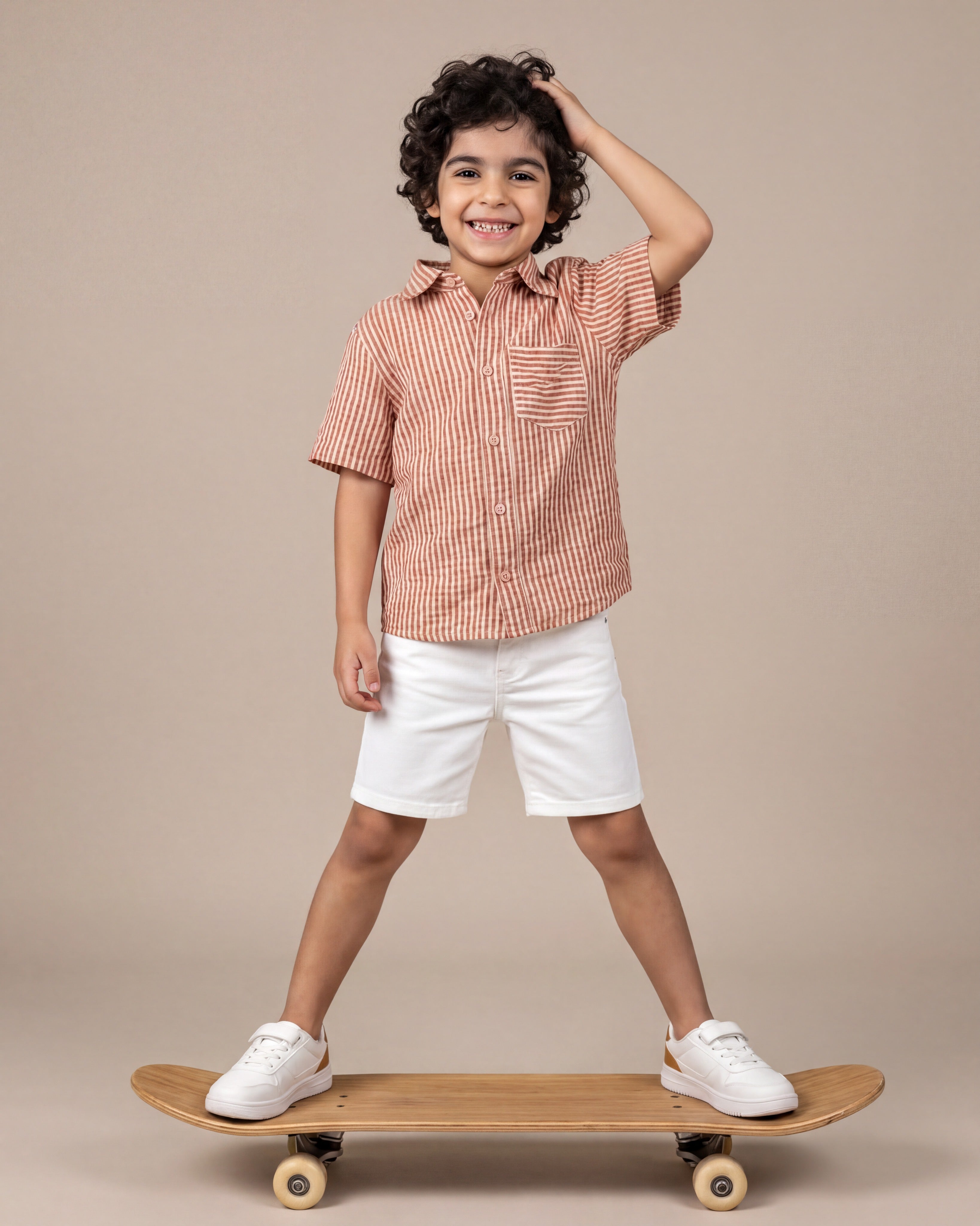 Boys Rust Brown Striped Double Gauze Shirt