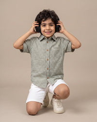 Boys Green Striped Double Gauze Shirt