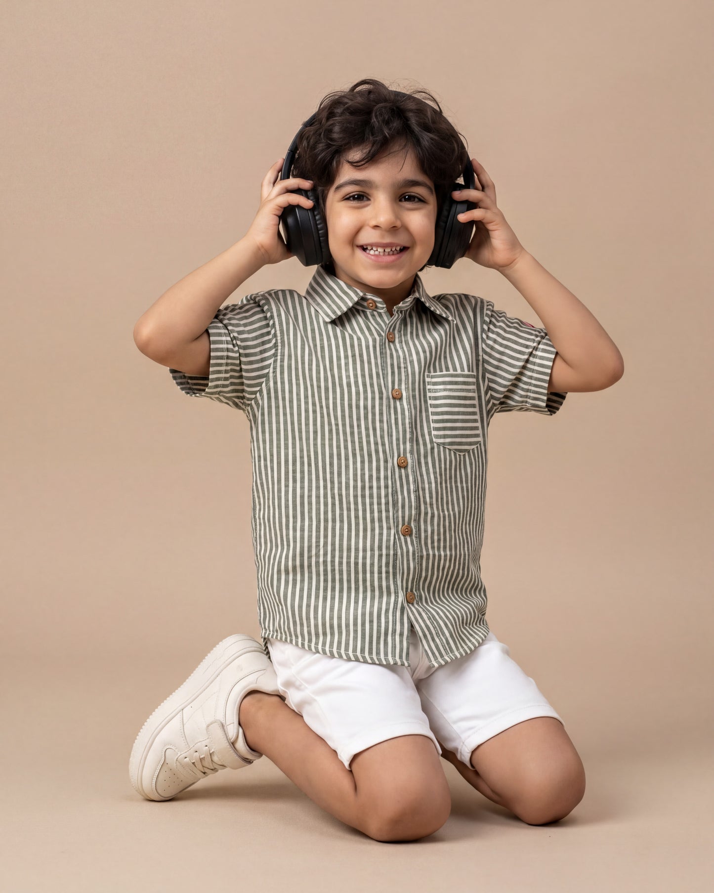 Boys Green Striped Double Gauze Shirt