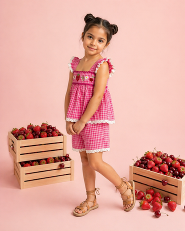 Girls Pink Gingham Embroidered Shorts Set