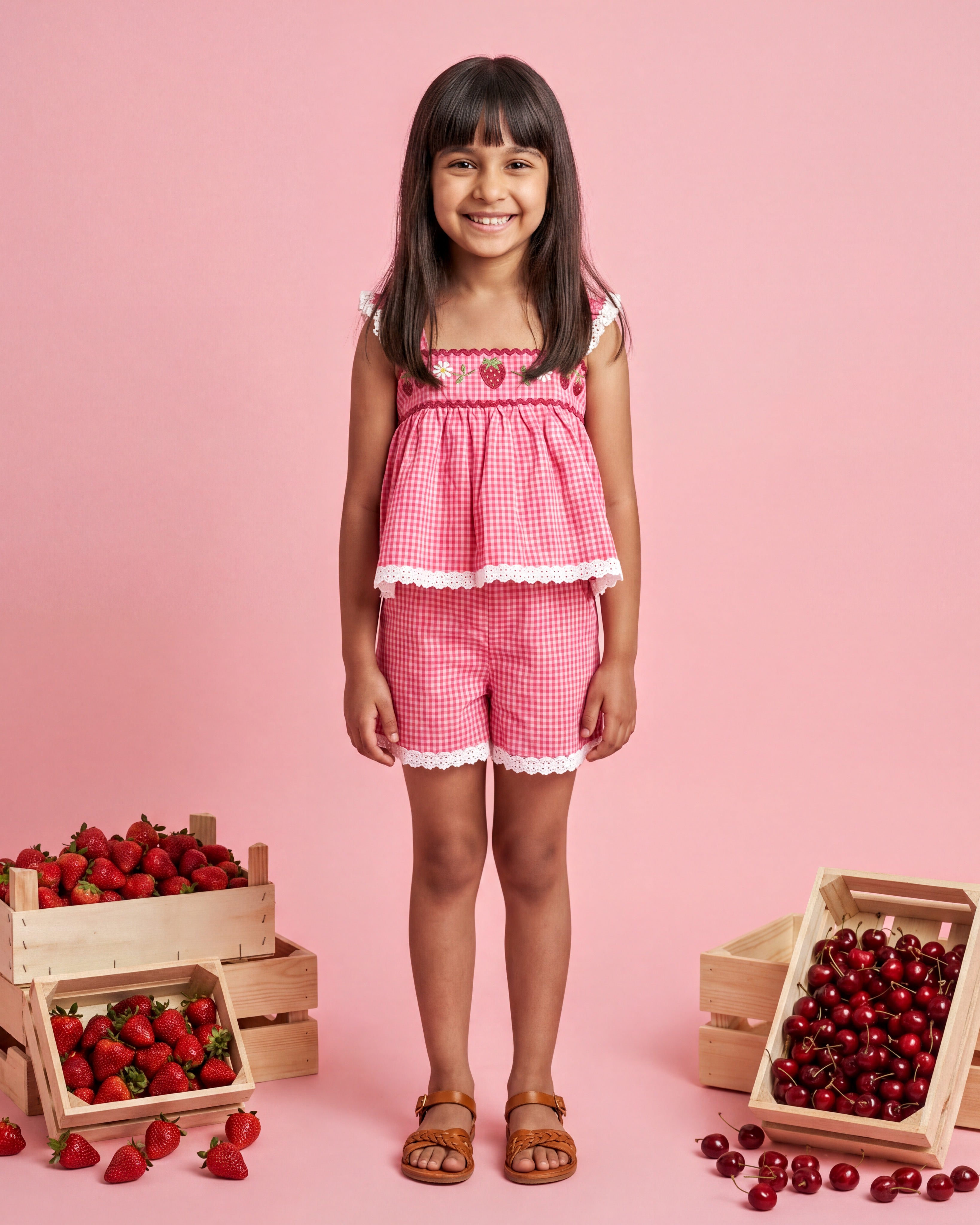 Girls Pink Gingham Embroidered Shorts Set