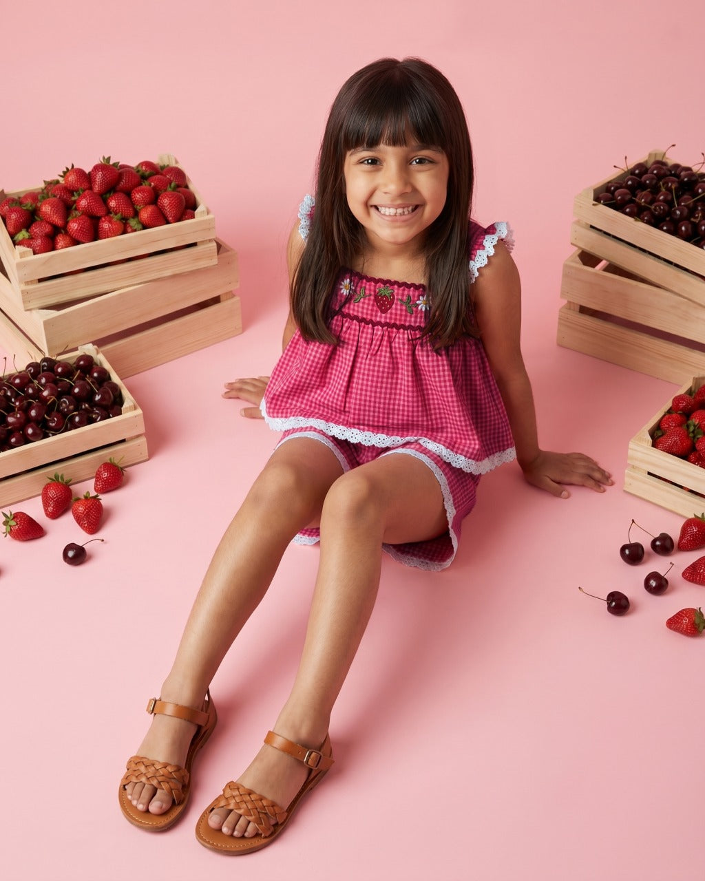 Girls Pink Gingham Embroidered Shorts Set