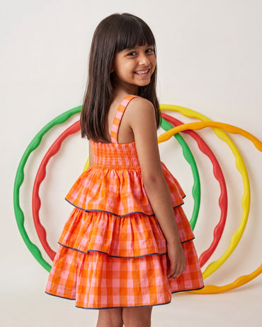 Girls Orange And Pink Tiered Ruffle Dress