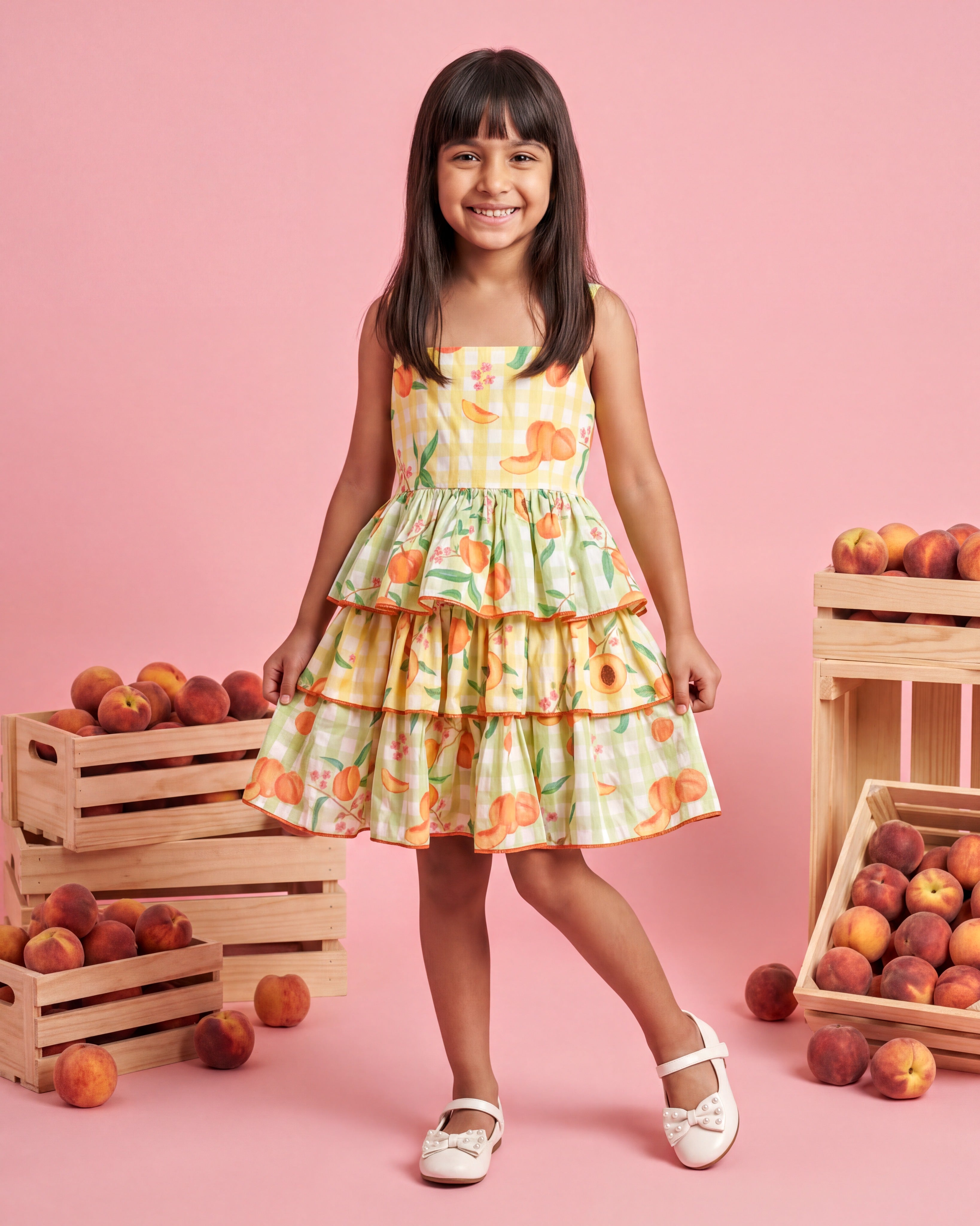Girls Green And Yellow Peach Tiered Ruffle Dress