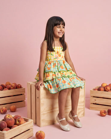 Girls Blue And Yellow Peach Tiered Ruffle Dress