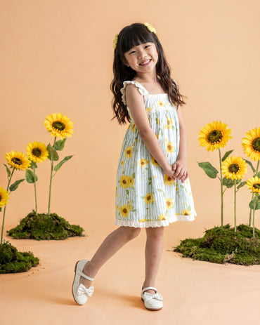Girls Blue Striped Sunflower A-Line Dress