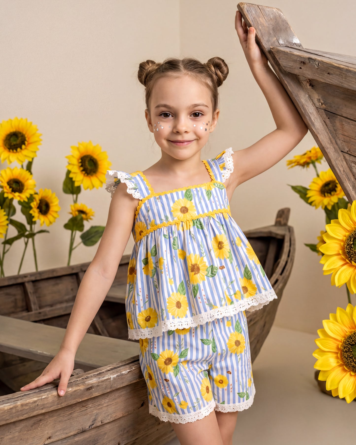 Girls Purple Striped Sunflower Lace Shorts Set