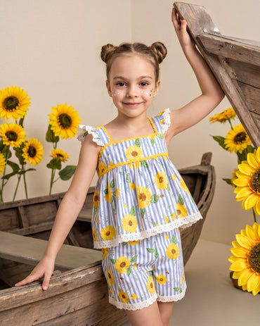 Girls Purple Striped Sunflower Lace Shorts Set
