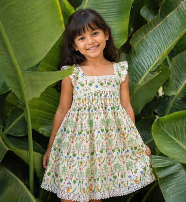 Girls Tropical Palm A-Line Dress
