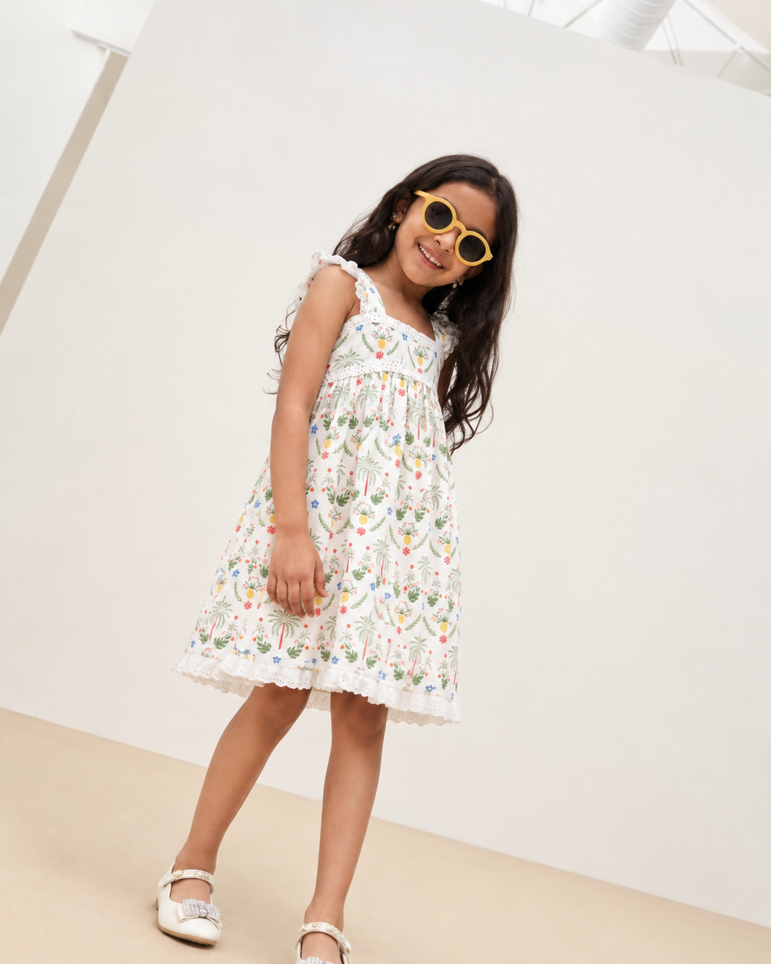 Girls Tropical Palm A-Line Dress – Iris & Peach