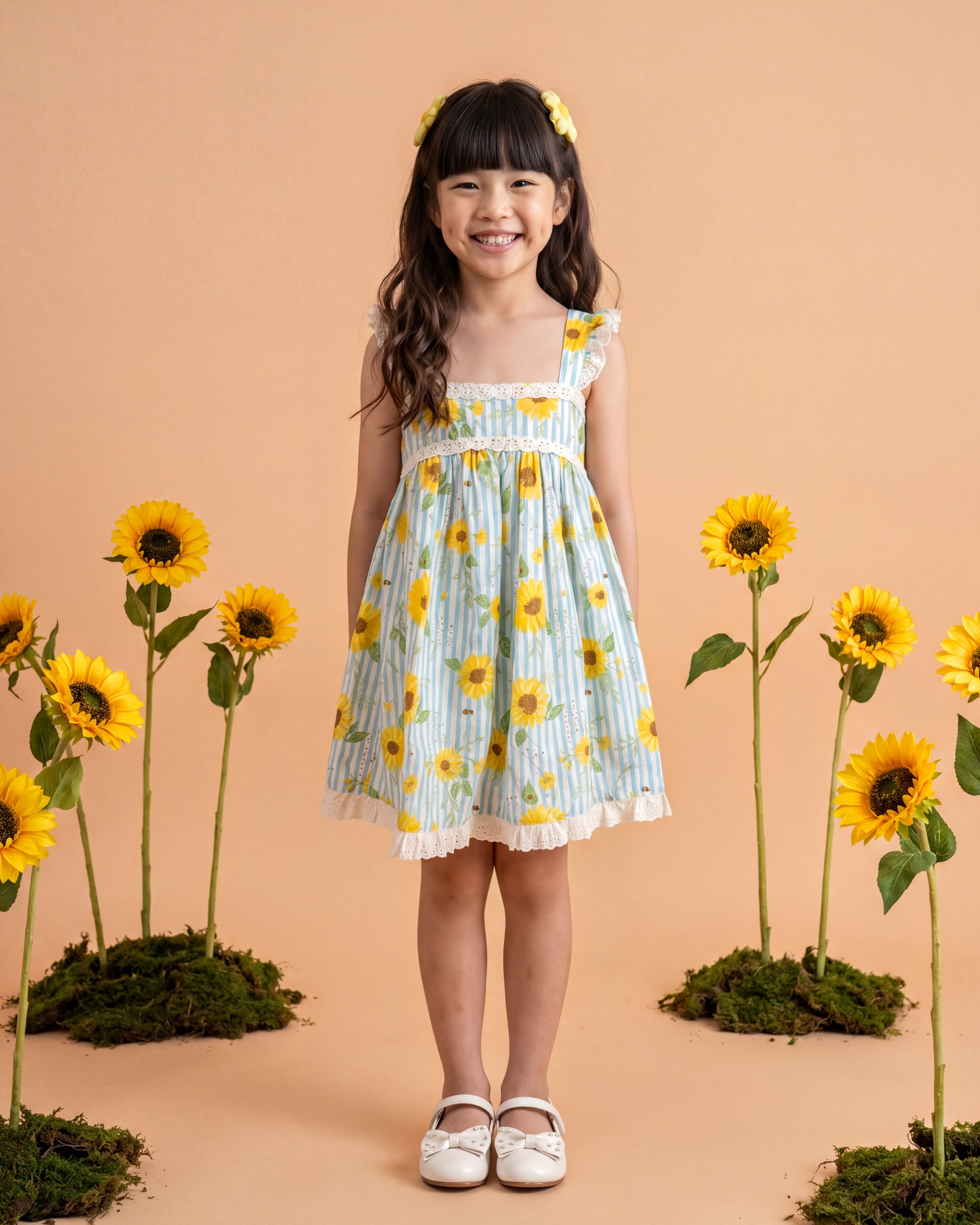 Girls Blue Striped Sunflower A-Line Dress