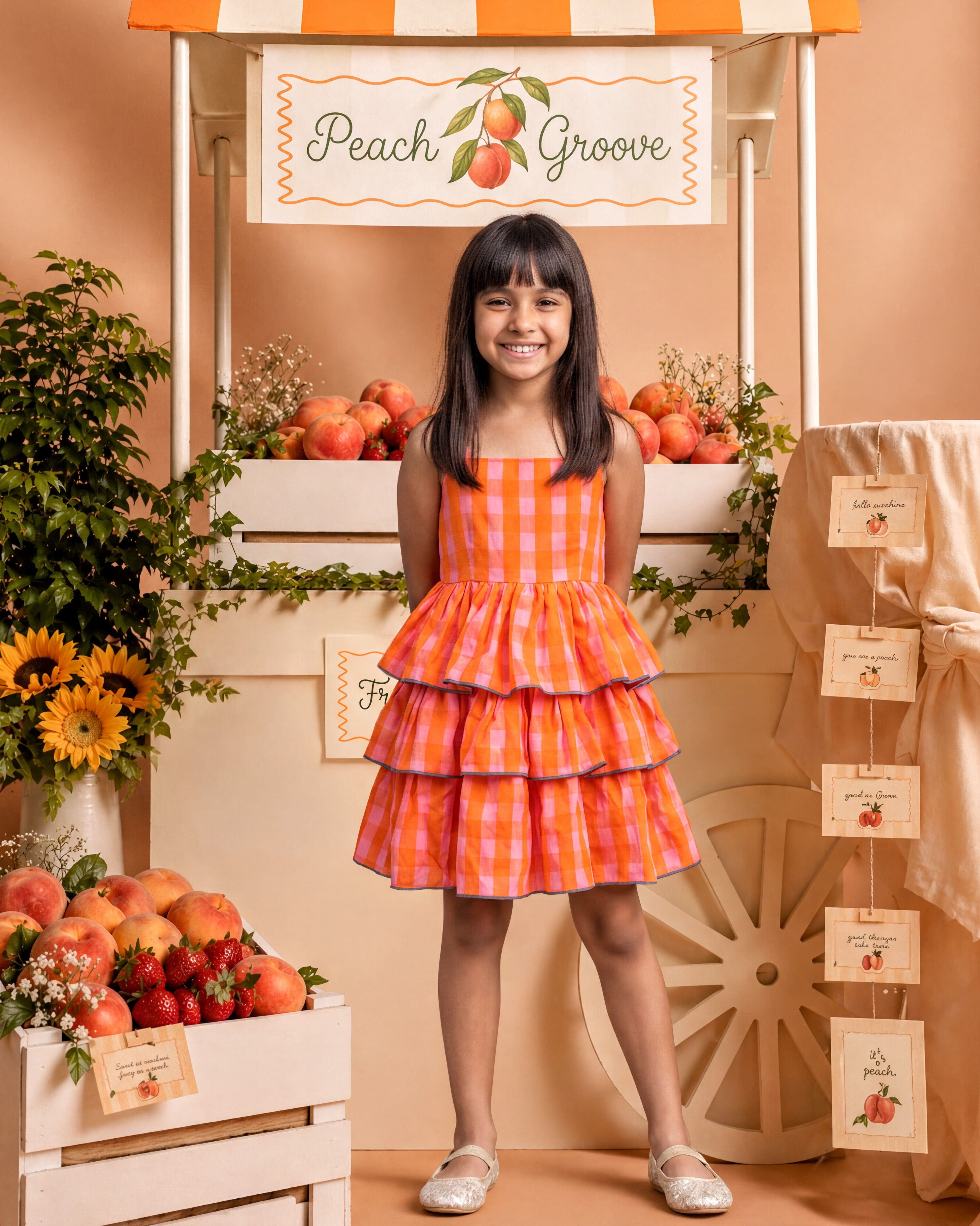 Girls Orange And Pink Tiered Ruffle Dress