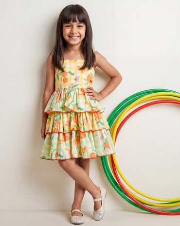 Girls Green And Yellow Peach Tiered Ruffle Dress