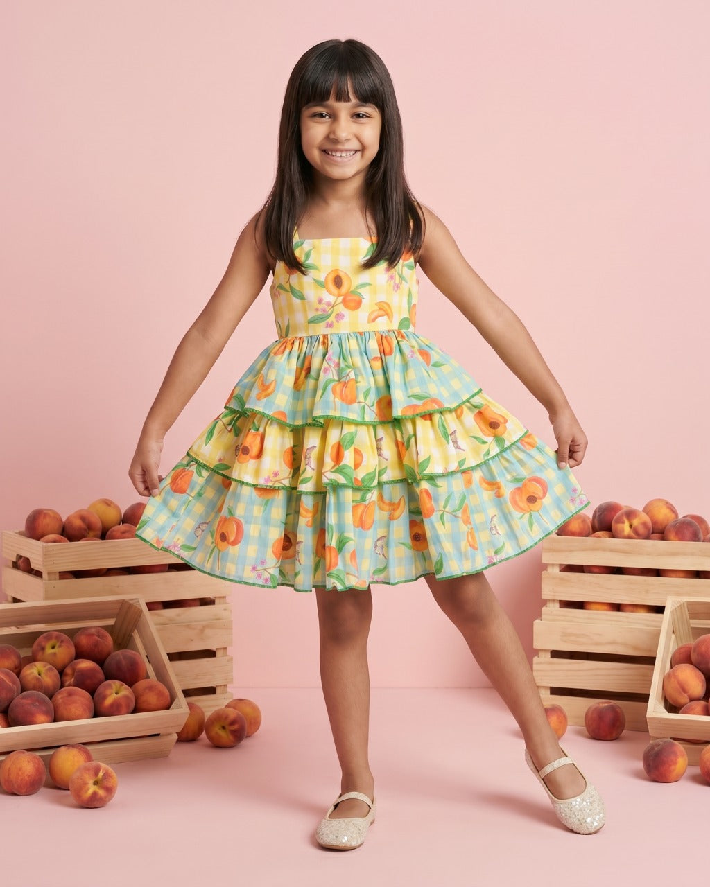 Girls Blue And Yellow Peach Tiered Ruffle Dress